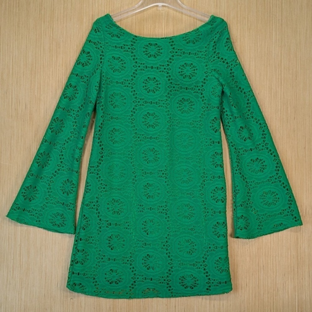Judith March‎ Boho Retro Green Crochet Lace Bell Sleeve Mini Dress Womens Large